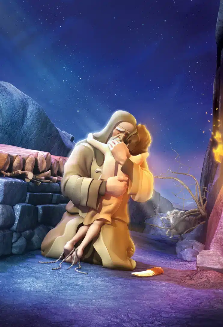 A robed figure embraces a child near an altar, with a ram in the background under a starry sky.