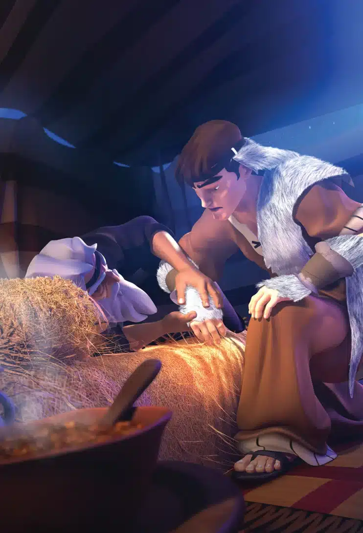 A young man kneels beside a blind elder in a tent, with a bowl of stew nearby, depicting Jacob deceiving Isaac.