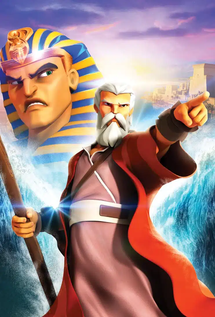 An elder with a staff parts the sea as an angry Pharaoh's face looms behind, depicting Moses leading the Israelites in the Exodus story.