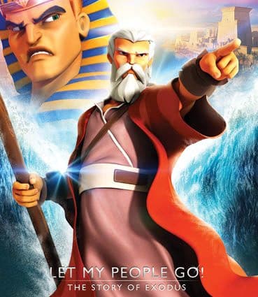 An elder with a staff parts the sea as an angry Pharaoh looms behind, showing Moses leading the Israelites in the Exodus story.