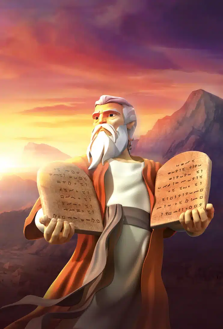 An elder holds two stone tablets with ancient text atop a mountain at sunset, depicting Moses receiving the Ten Commandments.