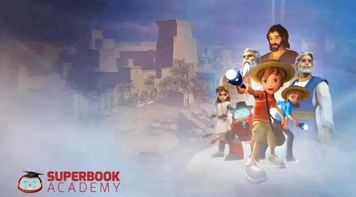 Graphic featuring animated characters exploring an ancient city, with the tagline "Bring the Bible to life" and the Gizmo robot included