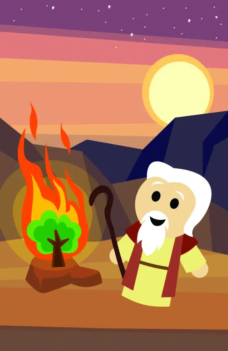 A cute animated Moses holds a staff near the burning bush at sunset, with mountains in the background.