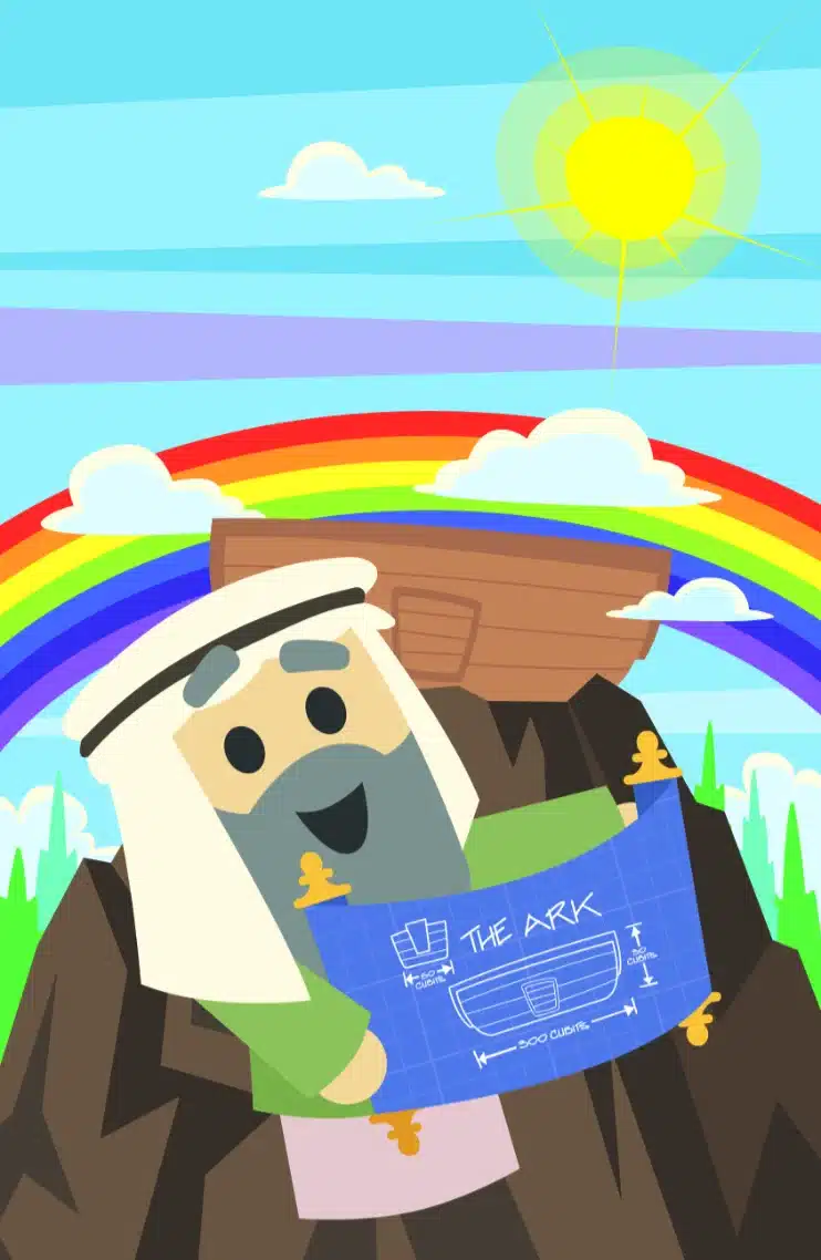 A cute, animated depiction of Noah smiling and holding blueprints for the ark, with the ark sitting behind him on a mountaintop.