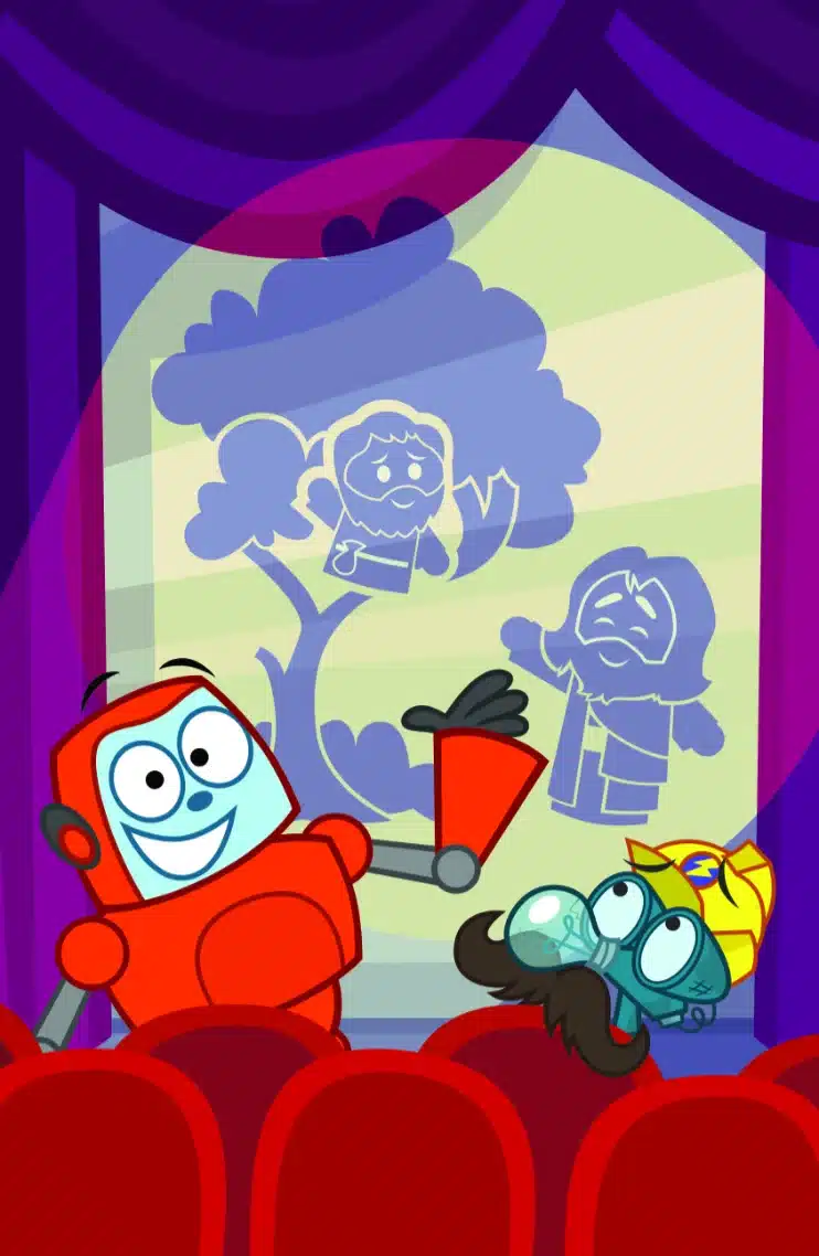 Animated scene of Gizmo and another character in a theatre, with Gizmo excitedly pointing at a shadow play on screen.