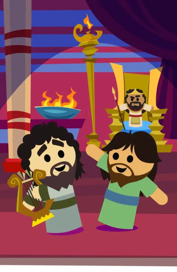 Animated scene of King Saul on a throne as David plays harp in the foreground, with another figure nearby.