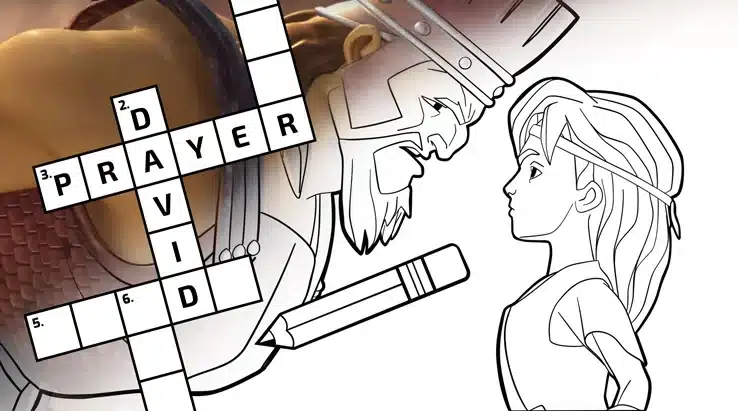 Illustration of a crossword puzzle with the words 'PRAYER' and 'DAVID,' featuring line art of David facing Goliath with a pencil nearby
