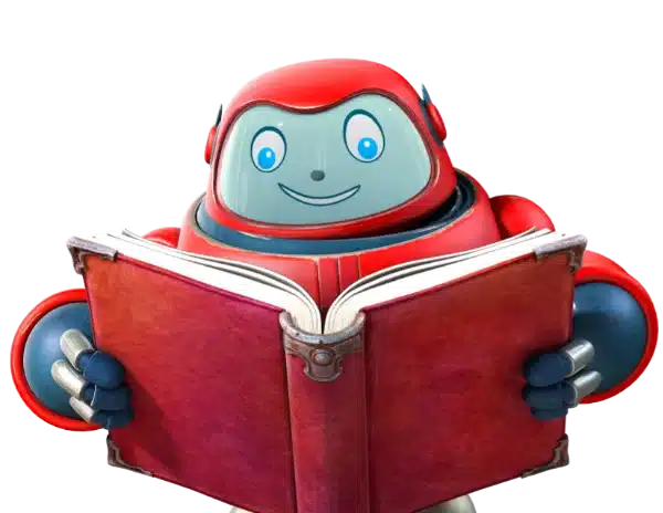 An animated robot named Gizmo, with a cheerful expression, is holding and reading a large red book.