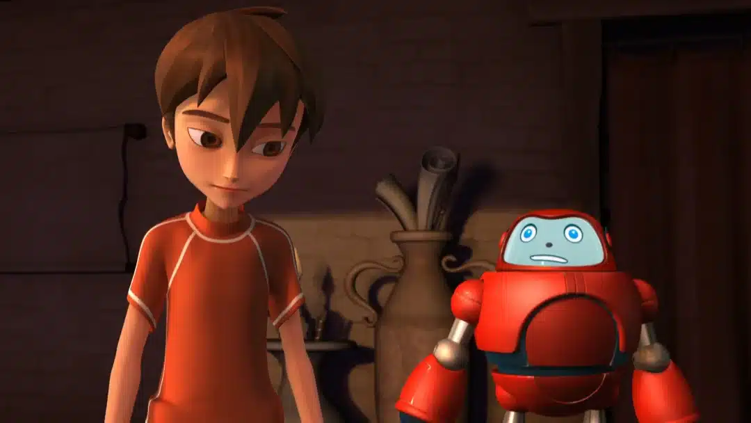 Chris, a character with a thoughtful expression, standing alongside a red robot character with a surprised or concerned look