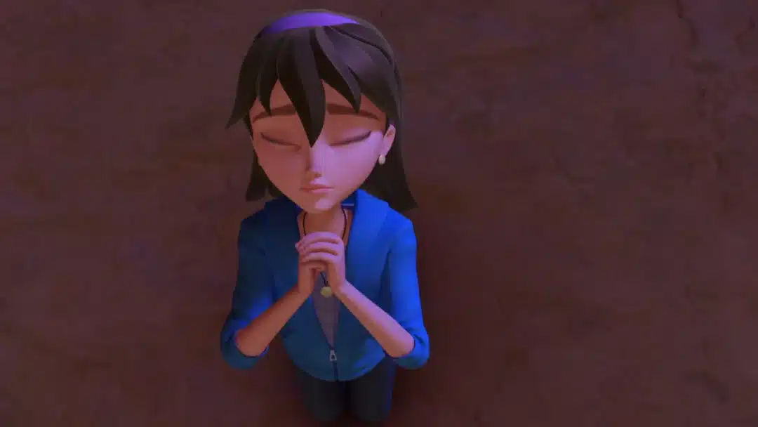 Joy, kneeling with her hands clasped in prayer, her eyes closed, and an expression of calm or devotion on her face.