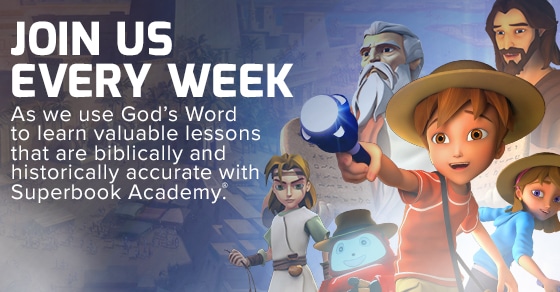 Gizmo, Chris, and Joy inviting viewers to weekly Bible lessons. Superbook Academy downloadable banner.