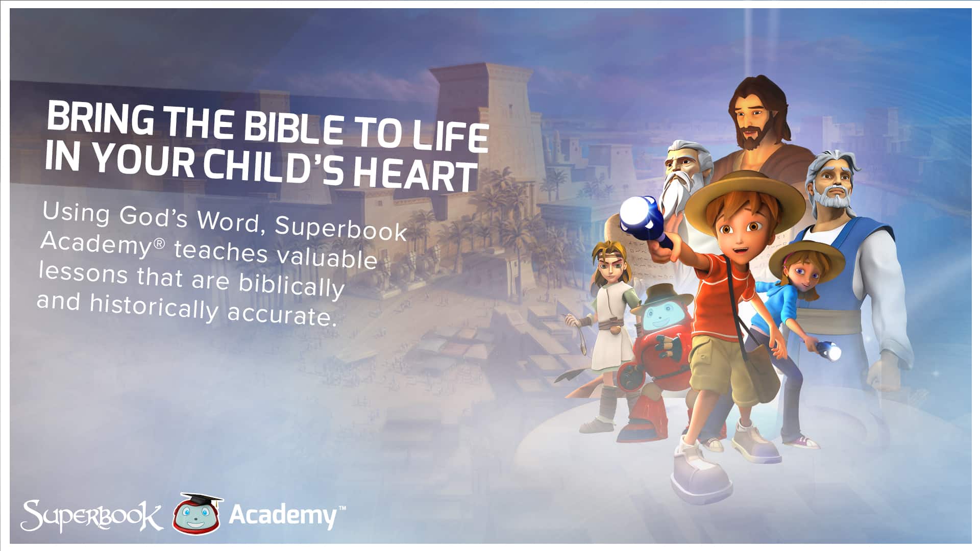 Chris, Joy and Gizmo with message ‘Bring the Bible to life.’ Superbook Academy downloadable banner.