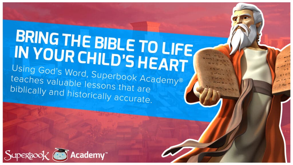 Moses holding tablets with message ‘Bring the Bible to life.’ Superbook Academy downloadable banner.