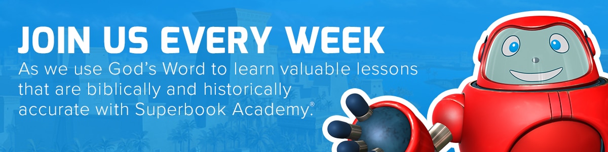 Gizmo waving on blue background with weekly invite text. Superbook Academy donaloadable banner.