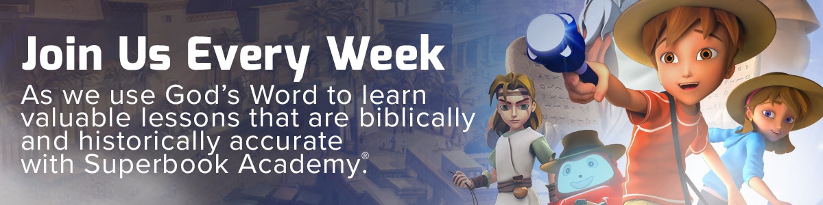 Chris and Joy learning with Gizmo in Superbook Academy weekly lessons downloadable banner.