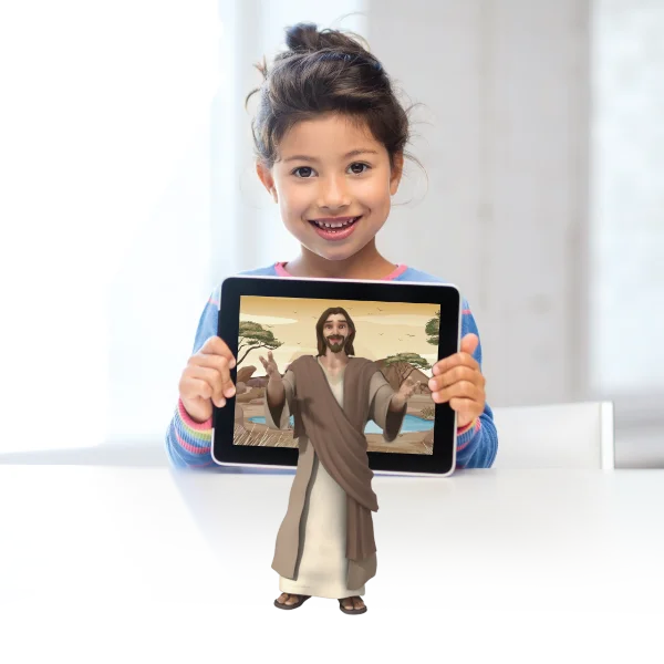 A young girl smiles at her iPad, where an animated Jesus appears to stand on the table with outstretched arms and a welcoming expression.