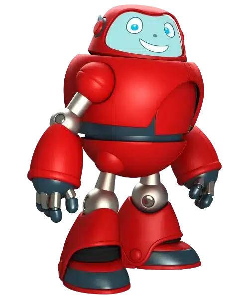 A red, smiling robot named Gizmo stands with a cheerful expression, featuring a rounded body, metallic arms and legs, and blue accents on its hands and feet.