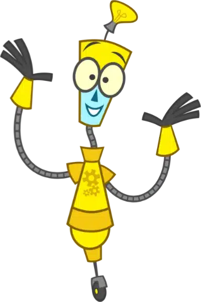 An animated robot with a cheerful expression, bright yellow body, and blue face waves happily with flexible, segmented arms. 