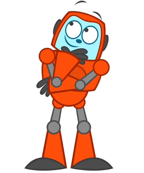 A 2D red, smiling robot named Gizmo stands with a curious expression, featuring metallic arms and legs, and blue accents on its hands and feet.