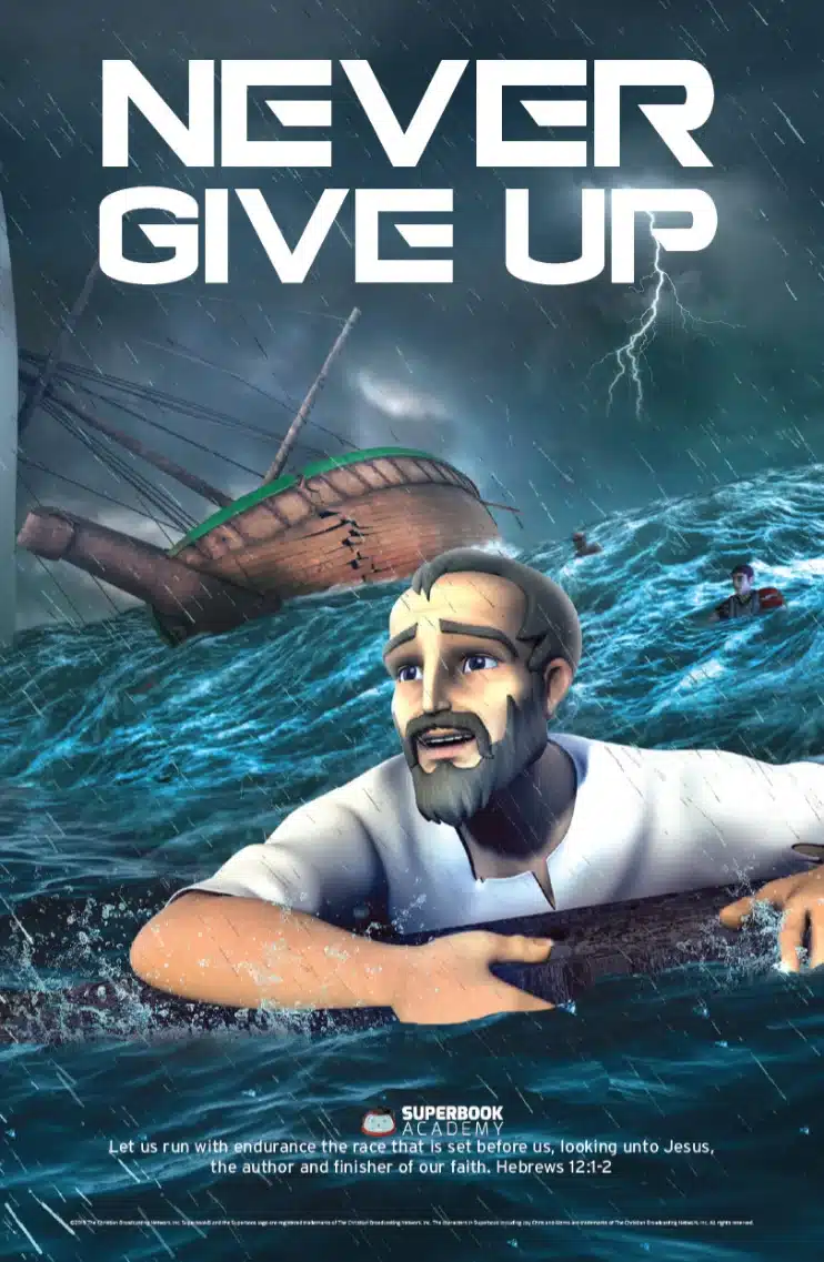 A man clings to debris in stormy seas with a wrecked ship behind him, as the words “NEVER GIVE UP” appear above.