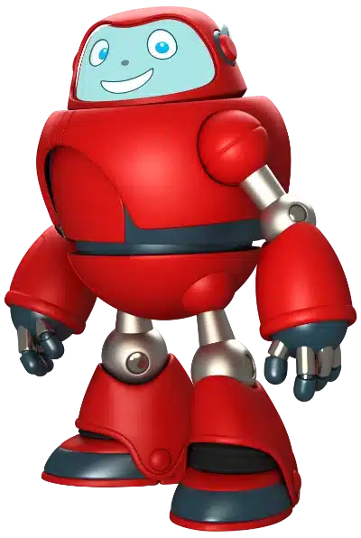 A red, smiling robot named Gizmo stands cheerfully, with a rounded body, metallic limbs, and blue accents on its hands and feet.